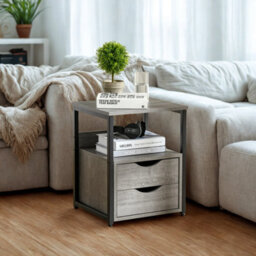 Industrial Bedside Table Nightstand With 2 Drawers And Shelf Greige - thumbnail 4