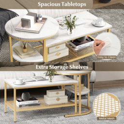 Costway Set Of 2 Coffee Nesting Table Set Detachable 2-Tier Sofa Side Table Faux Marble - thumbnail 4