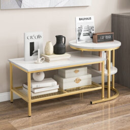 Costway Set Of 2 Coffee Nesting Table Set Detachable 2-Tier Sofa Side Table Faux Marble