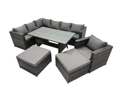 Fimous Outdoor Pe Rattan Sofa Set With Dining Table Patio Garden Furniture Sets With Chair 2 Big Stools Dark Grey Mixed - image 1