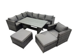 Fimous Outdoor Pe Rattan Sofa Set With Dining Table Patio Garden Furniture Sets With Chair 2 Big Stools Dark Grey Mixed - thumbnail 1