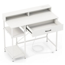 Computer Desk With Power Sockets & Usb White Study Desk With Top Shelf - thumbnail 1