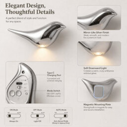 Amorly Silver Bird Wall Sconce, Rechargeable Motion Sensor Wireless Wall Light, For Bedroom, Hallway, Stairway, Entryway (Left Facing) - thumbnail 8
