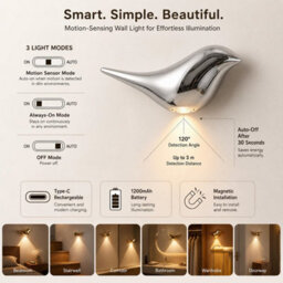 Amorly Silver Bird Wall Sconce, Rechargeable Motion Sensor Wireless Wall Light, For Bedroom, Hallway, Stairway, Entryway (Left Facing) - thumbnail 6