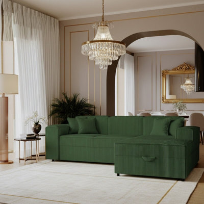 Santos L Corner Sofa Bed For Living Room Chipboard Frame Polyurethane Foam Wave Springs 253X166X79 Cm Green Right - image 1