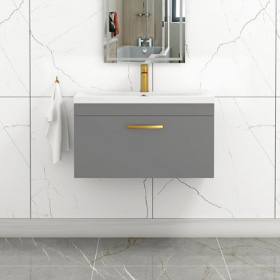 Royal Bathrooms Turin Indigo Grey Gloss 800mm Wall Hung Vanity Unit 1 Drawer With Mid-Edge Basin Sink & Brushed Brass Handles - image 1