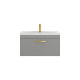 Royal Bathrooms Turin Indigo Grey Gloss 800mm Wall Hung Vanity Unit 1 Drawer With Mid-Edge Basin Sink & Brushed Brass Handles - thumbnail 6