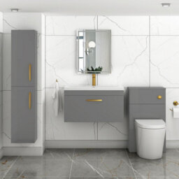 Royal Bathrooms Turin Indigo Grey Gloss 800mm Wall Hung Vanity Unit 1 Drawer With Mid-Edge Basin Sink & Brushed Brass Handles - thumbnail 4