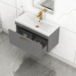 Royal Bathrooms Turin Indigo Grey Gloss 800mm Wall Hung Vanity Unit 1 Drawer With Mid-Edge Basin Sink & Brushed Brass Handles - thumbnail 3
