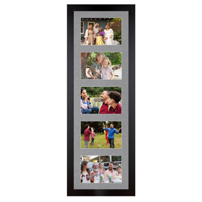 AK Frames 26X8 Matte Black Modern Multi Photo Frame With Mid Grey Mount - Holds 5 Apertures (5X) 6X4 Photos - image 1