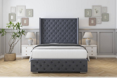 "Sloomy Arundel Steel Plush Bed Frame With Mattress With 50""  Upholstered Wingback Headboard 6' Super King" - image 1