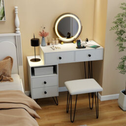 Costway Makeup Vanity Desk W/ Mirror And Lights Dressing Table Set W/ Charging Station-White