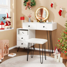 Costway Makeup Vanity Desk W/ Mirror And Lights Dressing Table Set W/ Charging Station-White - thumbnail 5