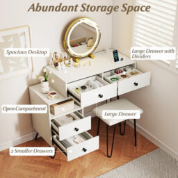 Costway Makeup Vanity Desk W/ Mirror And Lights Dressing Table Set W/ Charging Station-White - thumbnail 7