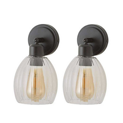 Valuelights Cheltenham Pair Of Matte Black Adjustable Wall Spotlights With Ribbed Shade - image 1