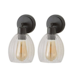 Valuelights Cheltenham Pair Of Matte Black Adjustable Wall Spotlights With Ribbed Shade