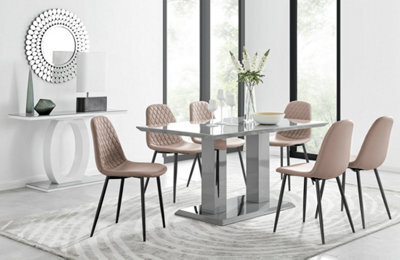 Furniturebox Imperia Grey High Gloss 6 Seater Dining Table With Structural 2 Plinth Column Legs 6 Beige Faux Leather Gold Leg Corona Chairs - image 1
