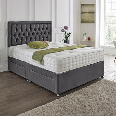 Dining Tables Lisbon Matching Headboard Divan Set, 2 Drawer On Same Side With Sprung 1500 Comfort Mattress - Plush Steel - Double - image 1