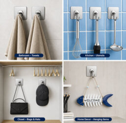 Volunx Self Adhesive Wall Hooks Screw No Drill Strong Sticky Hooks Bathroom Kitchen Home 5-20 - thumbnail 9