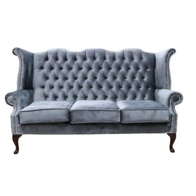 Chesterfield 3 Seater High Back Sofa Amalfi Steel Grey Velvet Fabric In Queen Anne Style - image 1