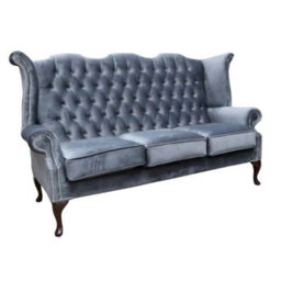 Chesterfield 3 Seater High Back Sofa Amalfi Steel Grey Velvet Fabric In Queen Anne Style - thumbnail 2