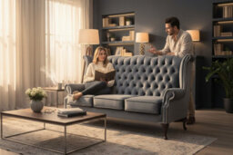 Chesterfield 3 Seater High Back Sofa Amalfi Steel Grey Velvet Fabric In Queen Anne Style - thumbnail 3