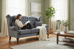 Chesterfield 3 Seater High Back Sofa Amalfi Steel Grey Velvet Fabric In Queen Anne Style - thumbnail 4
