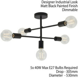 Semi Flush Ceiling Lamp Matt Black 5X Multi Light Industrial Straight Pendant - thumbnail 2