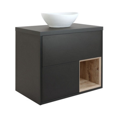 Homestylestore Black Grey 800mm Led Lit Wall Hung Bathroom Vanity Unit Oval Chalk Countertop Basin Open Shelf - image 1