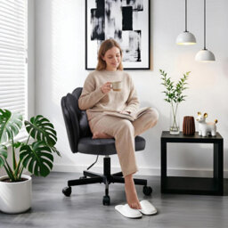 Gtplayer Office Desk Chair Makeup Vanity Chair Swivel Armless Height Adjustable Bedroom Dressing Table Chairs, Pu, Black - thumbnail 8