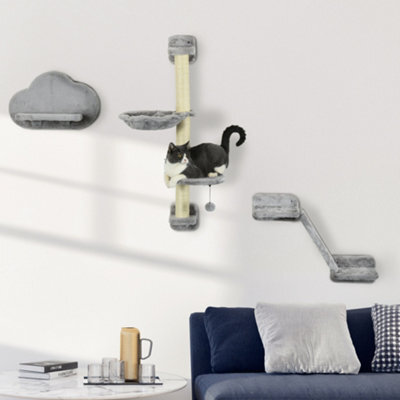 Pawhut Wall-Mounted Cat Furniture Wirh Ladder Scratch Post 3-Piece Grey - image 1