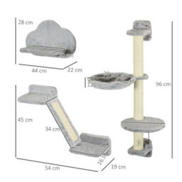 Pawhut Wall-Mounted Cat Furniture Wirh Ladder Scratch Post 3-Piece Grey - thumbnail 3