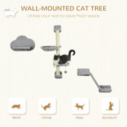 Pawhut Wall-Mounted Cat Furniture Wirh Ladder Scratch Post 3-Piece Grey - thumbnail 4