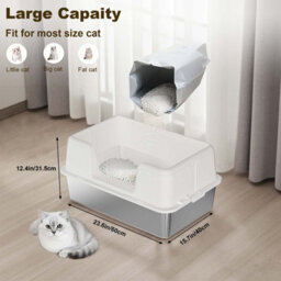 London Boutique 60X40X31.5Cm Stainless Steel Cat Litter Tray, Semi Enclosed High Sided Metal Cat Toilet, Removable Lid, White - thumbnail 2