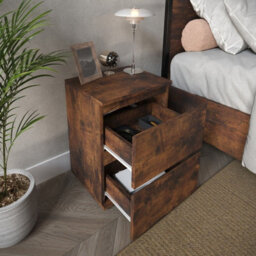 Urbn-Living Urbnliving 2 Drawer Rustic Brown Carcass With Rustic Brown Drawers Wooden Bedroom Bedside Cabinet No Handle Nightstand Side Table - thumbnail 3