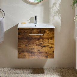 Homestylestore 600mm Dark Oak Wall Hung Bathroom Vanity Unit And Chrome T Bar Handle - thumbnail 2