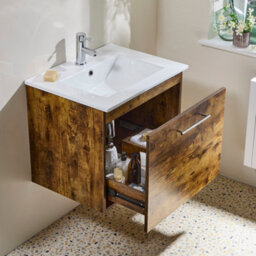 Homestylestore 600mm Dark Oak Wall Hung Bathroom Vanity Unit And Chrome T Bar Handle - thumbnail 3