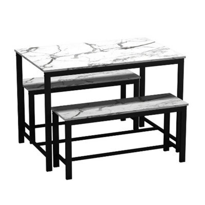 Urbn-Living 3 Pcs Wooden Kitchen Dining Living Room Table Metal Frame 2 Matching Benches Set - White Marble - image 1