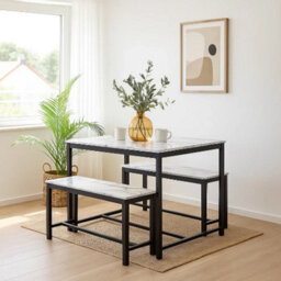 Urbn-Living 3 Pcs Wooden Kitchen Dining Living Room Table Metal Frame 2 Matching Benches Set - White Marble - thumbnail 4