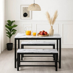 Urbn-Living 3 Pcs Wooden Kitchen Dining Living Room Table Metal Frame 2 Matching Benches Set - White Marble - thumbnail 3