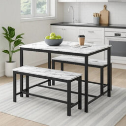 Urbn-Living 3 Pcs Wooden Kitchen Dining Living Room Table Metal Frame 2 Matching Benches Set - White Marble - thumbnail 2