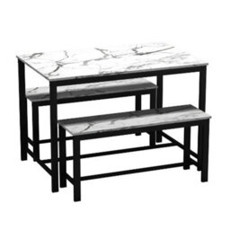 Urbn-Living 3 Pcs Wooden Kitchen Dining Living Room Table Metal Frame 2 Matching Benches Set - White Marble - thumbnail 1