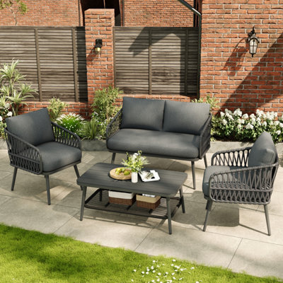 Abrihome Grey Linen 4-Seater Garden Set With Polyester Rope Sofa, Armchairs & Plastic Wood Storage Coffee Table - image 1