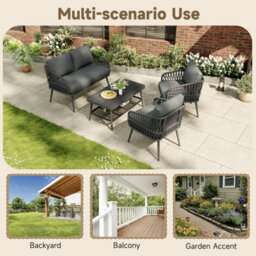 Abrihome Grey Linen 4-Seater Garden Set With Polyester Rope Sofa, Armchairs & Plastic Wood Storage Coffee Table - thumbnail 4
