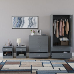 Lassic Vida Designs Riano 4 Piece Bedroom Set (1 Drawer Bedside Chest, 5 Drawer Chest, 2 Door 2 Drawer Wardrobe), Grey - thumbnail 2
