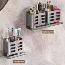Bathroom Shelf, Punch Free Double Tier Storage Organizer, Grey - thumbnail 2