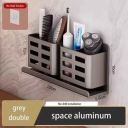 Bathroom Shelf, Punch Free Double Tier Storage Organizer, Grey - thumbnail 3