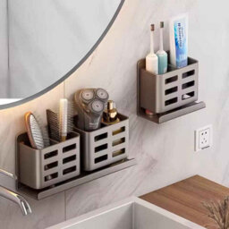 Bathroom Shelf, Punch Free Double Tier Storage Organizer, Grey - thumbnail 5