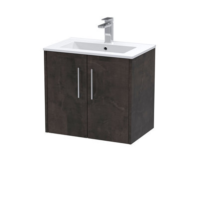 Hudson Reed Juno Wall Hung 2 Soft Close Door Vanity Unit With Minimalist Ceramic Basin In Metallic Slate Finish, 600mm - image 1
