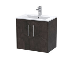 Hudson Reed Juno Wall Hung 2 Soft Close Door Vanity Unit With Minimalist Ceramic Basin In Metallic Slate Finish, 600mm - thumbnail 1